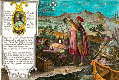Historia de América: Amerigo Vespucci, comerciante y navegante italiano, usa su astrolabio para medir la Cruz del Sur. A la izquierda, retrato del poeta italiano Dante Alighieri y un pasaje del primer canto de la Divina Comedia de Theodore de Bry