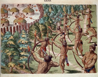 Historia de América: "Una tribu india ataca un pueblo en Florida por la noche" Grabado de "Admirante Narratio Americae" por Theodore de Bry (1528-1598) de Theodore de Bry