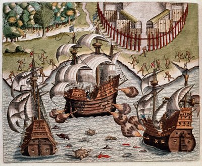 Historia de América: "Batalla entre las flotas portuguesas y las flotas francesas frente a las costas de Brasil en los mares de Potiguaran" Relato de los viajes de Hans Staden, explorador alemán que partió con las flotas españolas a Brasil, capturado por l de Theodore de Bry