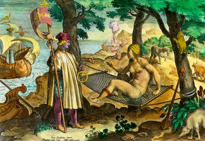 Historia de América: Primer contacto del navegante italiano Amerigo Vespucci con los indios de América de Theodore de Bry