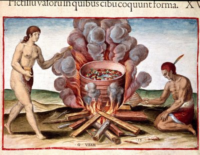 Indios cocinando pescado. Grabado de 