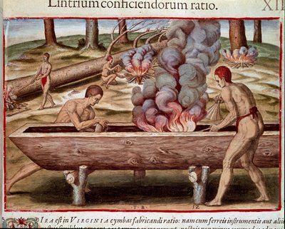 Historia de América: “Indios construyendo barcos” Grabado de “Admirante Narratio Americae” de Theodore de Bry (1528-1598) de Theodore de Bry
