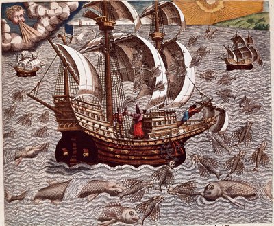 Historia de América: “Viaje de carabelas españolas rodeadas de peces voladores” Relato de los viajes de Hans Staden, explorador alemán que partió con las flotas españolas hacia Brasil, capturado por los indios Tupinamba. Grabado de “Americae tertia pars me de Theodore de Bry