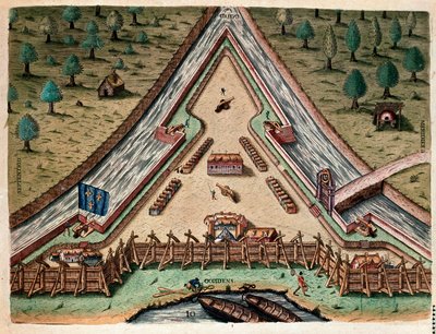 Historia de América: "Vida de Fort Carolina, Bastión de Carolina" "Grabado de "Admirante Narratio Americae"" por Theodore de Bry (1528-1598) después de un dibujo de Jacques le Moyne (de Morgues) (1533-1588) de Theodore de Bry