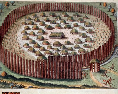 Historia de América: “Representación de un pueblo indio fortificado en Florida” Grabado de “Admirante Narratio Americae” por Theodore de Bry (1528-1598) de Theodore de Bry