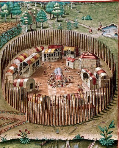 Representación de la ciudad fortificada Pomeiock o Pomeiooc en Virginia en 1585. Grabado de 