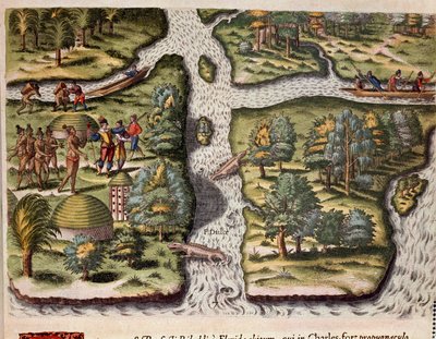 Historia de América: “Los franceses de la expedición de Jean Ribault (o Ribaut) se establecen en Charlesfort (Fuerte Carolina) y proporcionan alimentos a los indios de Florida, se representan caimanes en los ríos” Grabado de “Admirante Narratio Americae” ( de Theodore de Bry