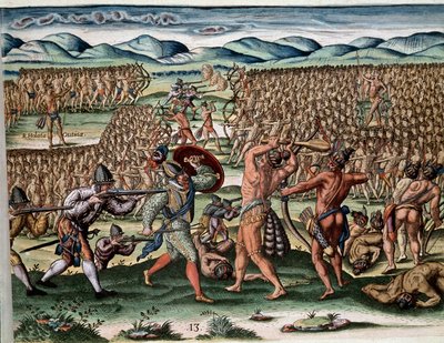Los soldados del jefe Outina (o Olata Utina) luchando, usando a los franceses de la expedición de Jean Ribault (o Ribaut), contra las tribus enemigas de Potanou. Grabado de 
