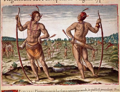 Dos habitantes de Virginia, armas indígenas de flechas y arco. Grabado de 