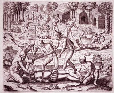 Historia de América: descripción de las torturas infligidas por los indios a los colonos españoles, vertiendo oro en sus bocas y cortando sus miembros para comérselos de Theodore de Bry