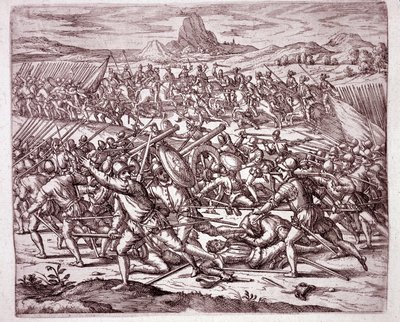 Historia de América: luchas entre los ejércitos de Vaca de Castro y Almagro el Joven tras la muerte de Francisco Pizarro y Diego de Almagro (Grabado) de Theodore de Bry