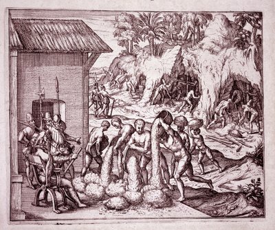 Historia de América: los españoles explotan las minas de oro (Grabado) de Theodore de Bry