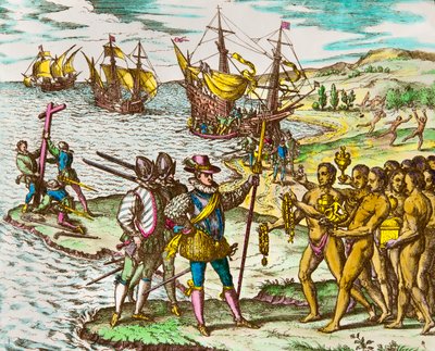 Historia de América: el explorador Cristóbal Colón (1451-1506) es recibido por los indios a su llegada al Nuevo Mundo. Grabado por Theodore De Bry (1528-1598) Grabado del siglo XVI de Theodore de Bry