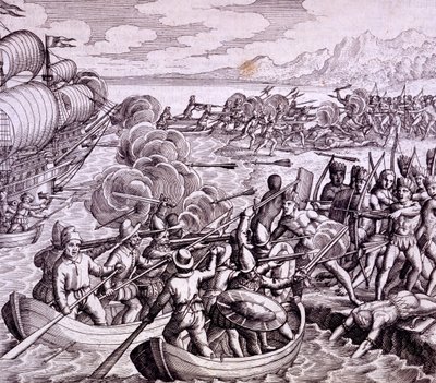 Cómo los españoles desembarcaron en la isla de Haití, con 400 hombres lo que llevó a una gran batalla con los nativos, ilustración de 