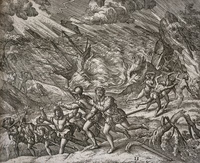 Huracán hundiendo la Santa María, carabela de Cristóbal Colón de Theodore de Bry