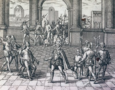 El emperador inca Atahualpa siendo capturado por los españoles en Cajamarca, Perú, grabado de la Historia Americana por Theodore de Bry (1528-1598), Frankfurt de Theodore de Bry