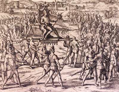Emperador Inca Atahualpa derrotado por las tropas españolas de Francisco Pizarro, Perú, grabado de Historia Americana por Theodore de Bry, Frankfurt de Theodore de Bry