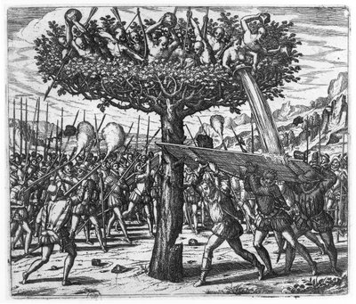 Indios en un Árbol Lanzando Proyectiles a los Españoles de Theodore de Bry
