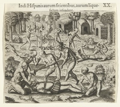 Indios vertiendo oro líquido en la boca de un español, 1594 de Theodore de Bry