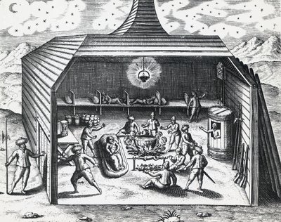 Interior de la casa de invierno de William Barents en el archipiélago ruso de Novaya Zemlya, por Theodor de Bry, grabado de Theodore de Bry