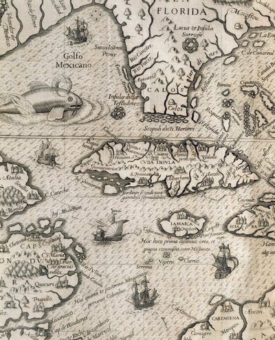 Isla de Cuba, Florida y Golfo de México, grabado de Historia de los grandes viajes americanos de Theodore de Bry