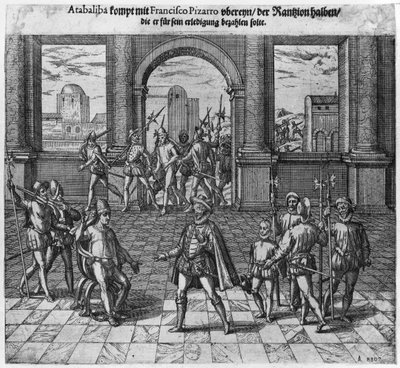El rey Atahualpa (c.1502-33) negociando su rescate con Francisco Pizarro, 1533 de Theodore de Bry