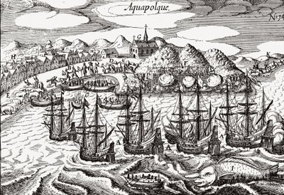 México, Vista de Acapulco - México (Aquapolque), Theodore de Bry, ca. 1630. Vista temprana del asentamiento colonial en Acapulco, que los españoles usaban como el principal puerto para su comercio del Pacífico con Filipinas. El puerto está lleno de galeon de Theodore de Bry