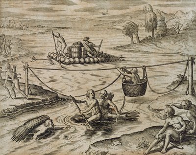 Indios nativos americanos bajando rápidos del río de Theodore de Bry