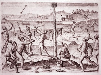 Nativos americanos practicando correr, disparar flechas y lanzar pelotas, Florida (Grabado) de Theodore de Bry