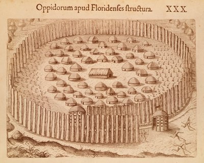 Aldea nativa en Florida, ilustración de El Discurso de Florida de Theodore de Bry