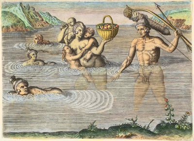 Nativos en Florida: una familia nadando de una isla a otra. De “Americae,” parte II de Theodore de Bry
