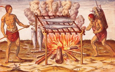 Cómo los indios cocinan pescado, Ilustración del Admiranda Narratio de Theodore de Bry