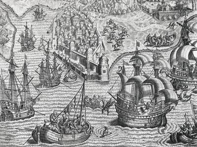 Batalla naval, grabado de Historia Americana por Theodore de Bry, Frankfurt de Theodore de Bry