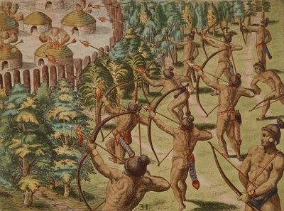 Ataque nocturno a una aldea india con flechas incendiarias de Theodore de Bry