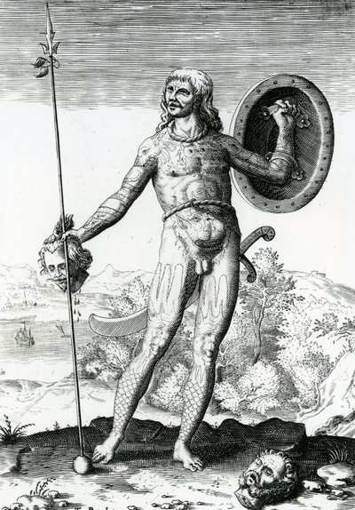 Hombre Pictish sosteniendo una Cabeza Humana de Theodore de Bry