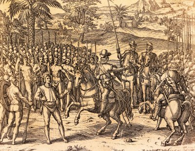 Pizarro siendo recibido por los nativos de Theodore de Bry