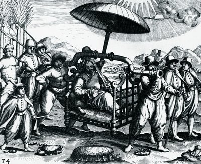 Portugueses en India, siendo transportados en litera, grabado de Peregrinationes, por Theodor de Bry (1528-1598), India de Theodore de Bry