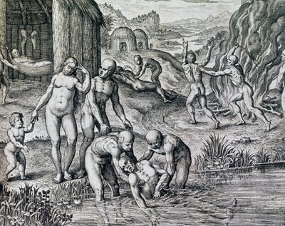 Remedios utilizados por los nativos contra enfermedades, grabado de Historia America, de Theodor de Bry, Frankfurt de Theodore de Bry