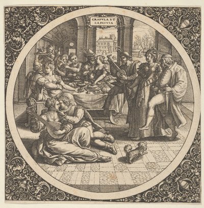 Escena con galantes en un banquete en un círculo en el centro, 1580-1600 de Theodore de Bry