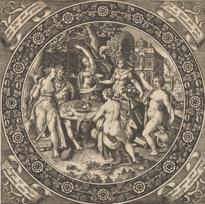 Escena con una fiesta de amor en un círculo en el centro, 1580-1600 de Theodore de Bry