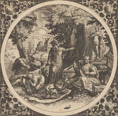 Escena con una Advertencia Contra las Enfermedades Venéreas en un Círculo en el Centro, 1580-1600 de Theodore de Bry
