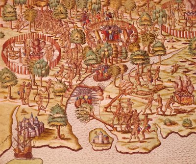 Tácticas de asedio y ataque en enfrentamientos entre nativos y conquistadores de Theodore de Bry