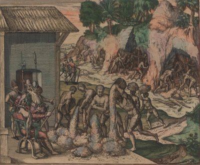 Esclavos vertiendo mineral frente a soldados europeos. En el fondo, esclavos trabajando en las minas, 1595 de Theodore de Bry