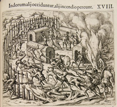 Algunos indios son asesinados, algunos perecen en un incendio. De: Americae pars qvarta de Theodore de Bry