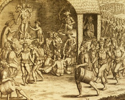 Rito religioso indígena sudamericano, grabado de Historia americae, por Theodor de Bry (1528-1598), Frankfurt de Theodore de Bry