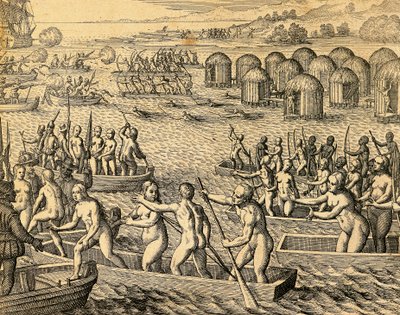 Nativos sudamericanos atacando los barcos de los conquistadores de Theodore de Bry