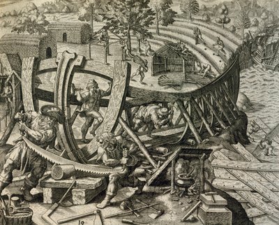 Marineros españoles construyendo carabela, grabado de Historia Americae, por Theodor de Bry (1528-1598) de Theodore de Bry