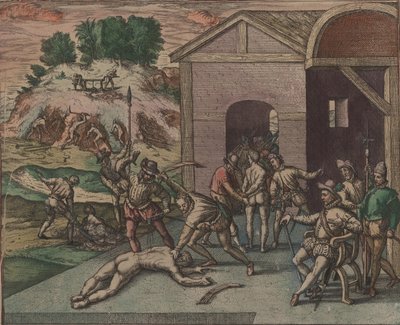 Soldados españoles observan y llevan a cabo el castigo de un esclavo, 1595 de Theodore de Bry