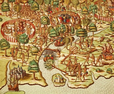 Técnicas de asedio y ataque, grabado por Theodor de Bry (1528-1598), de Americae tertia pars de Theodore de Bry