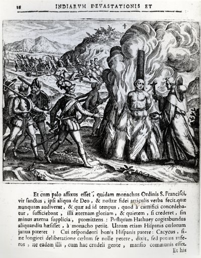 La quema de Hatuey por los españoles en Yara, Cuba, el 2 de febrero de 1512, 1664 de Theodore de Bry